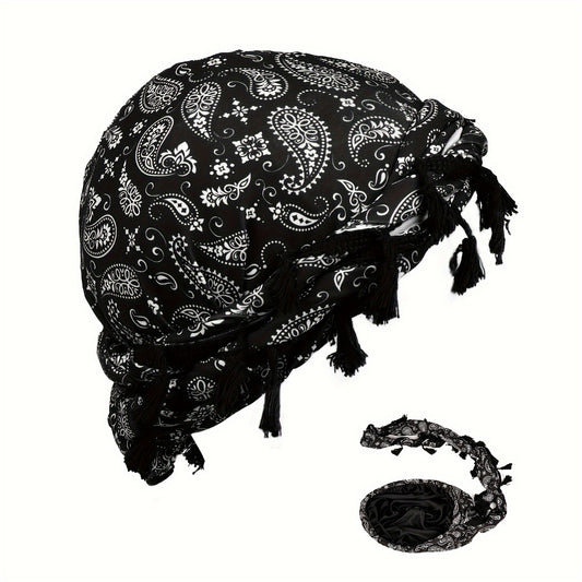 Satin-Lined Bandana Cap with Fringe Tassels
