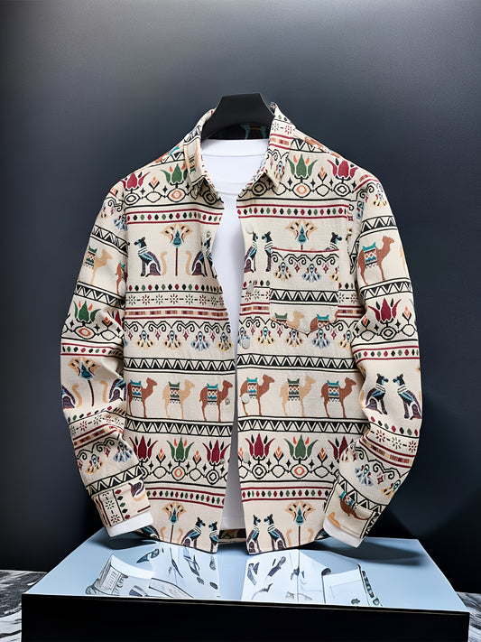 Men'S Stylish Egyptian Pharaoh Cat Embroidered Long Sleeve Shirt - Slim Fit, Beige with Colorful Geometric Patterns, Casual Button-Up for All Seasons, Perfect Gift Idea, Cat Shirt