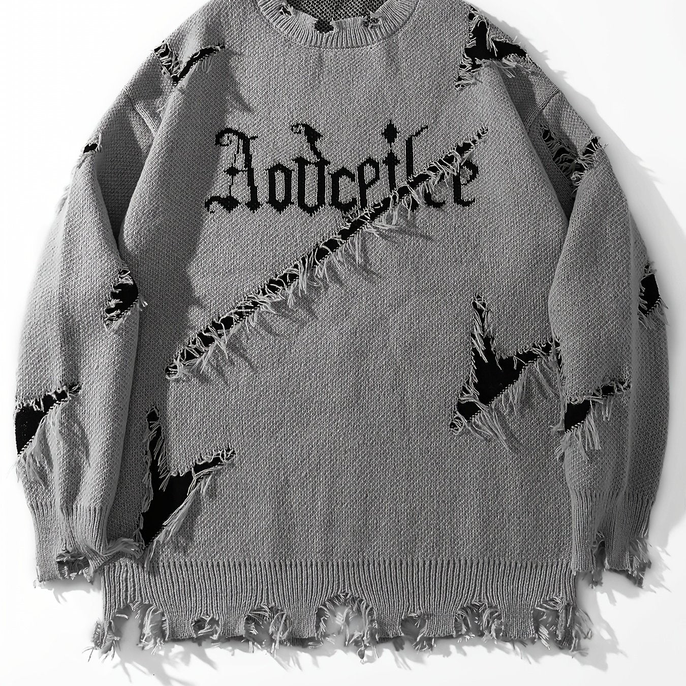 Men's Casual Streetwear Sweater - Relaxed Fit Drop Shoulder, Distressed Letter Embroidery & Ripped Details, Long Sleeve Pullover for Autumn Winter, Medium Elasticity Fabric