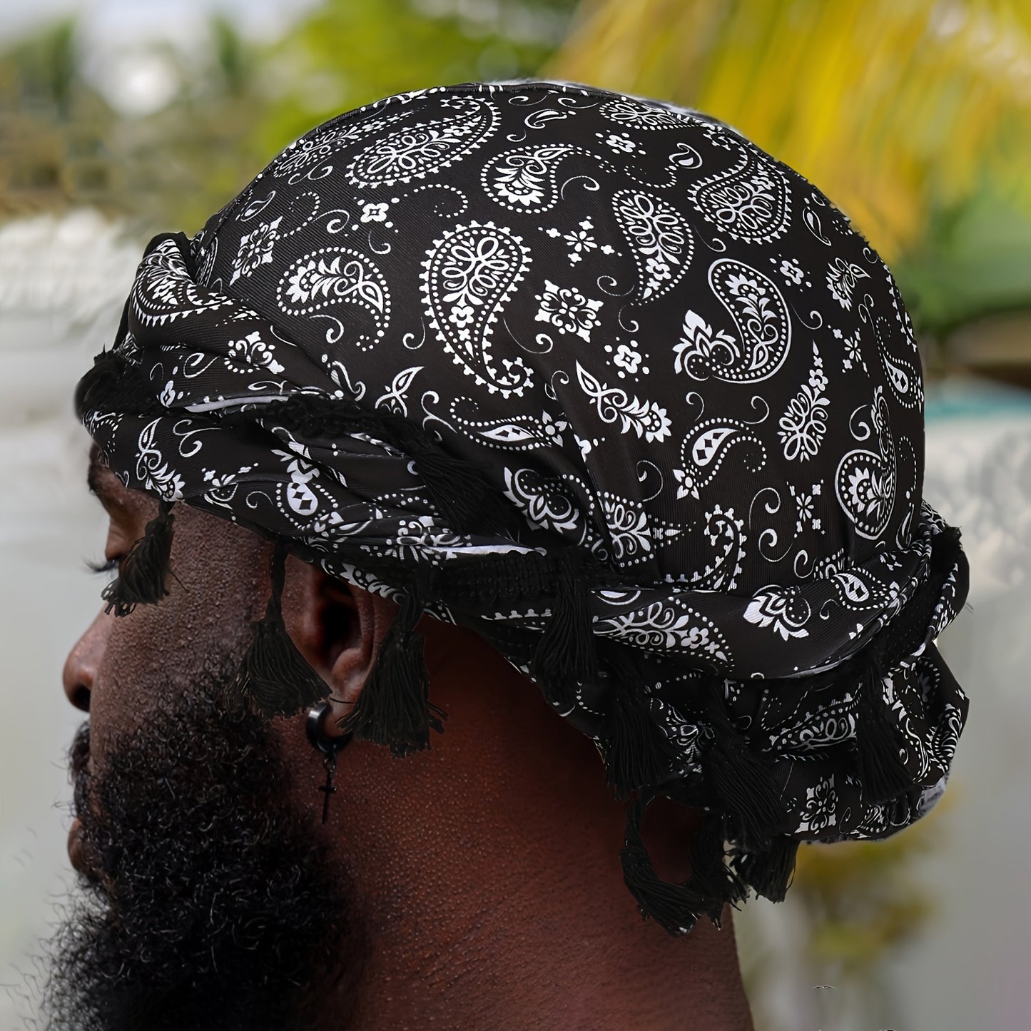 Satin-Lined Bandana Cap with Fringe Tassels