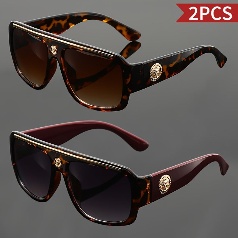 Two-piece Set of Retro Men's Square Large Frame Metal Head Decoration Glasses, Lightweight Frame, Unisex, Suitable for and Casual Wear, Ideal as a Holiday Gift