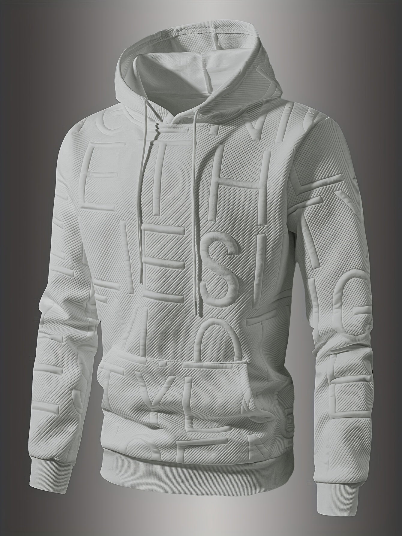 [Soft Casual Hooded Sweatshirt] Soft Polyester Blend Men's Casual Hooded Sweatshirt - Long Sleeve, Drawstring Hood with Kangaroo Pocket, Textured Letter Design, Ideal for Spring/Fall, Oversized