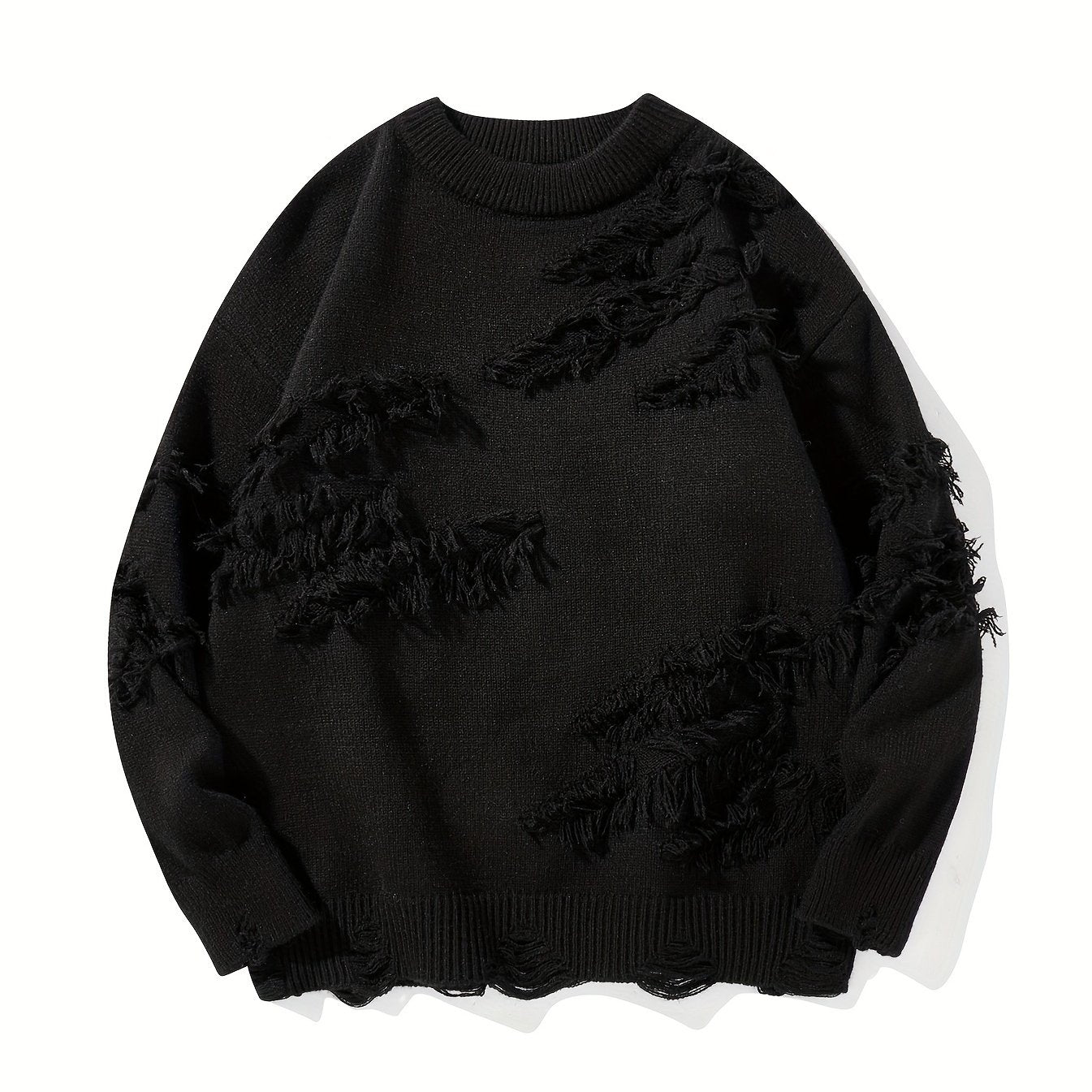 Temujin OBM Men's Distressed Knit Sweater - Casual Chic Pullover with Asymmetrical Frayed Hem, Drop Shoulder Sleeves & Round Neck, Machine Washable Solid Color Long Sleeve Shirt for Autumn/Winter, Versatile for Casual & Party