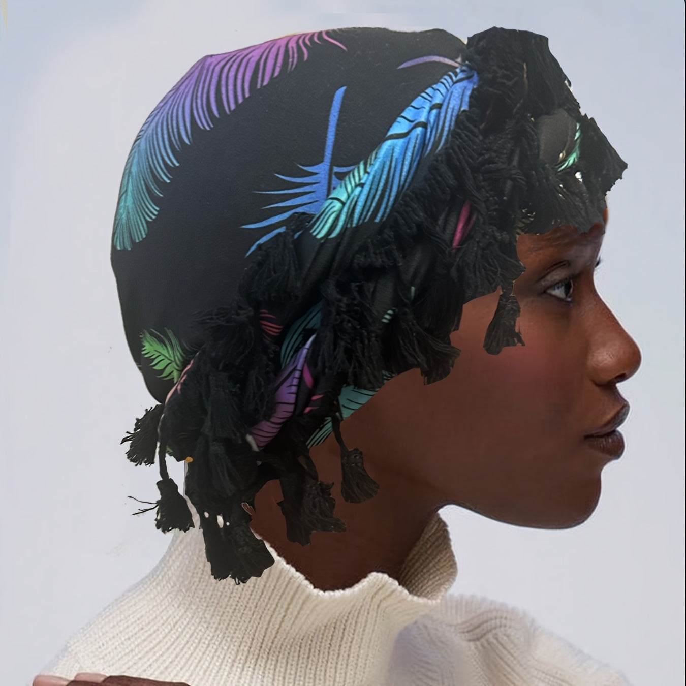 Satin-Lined Bandana Cap with Fringe Tassels