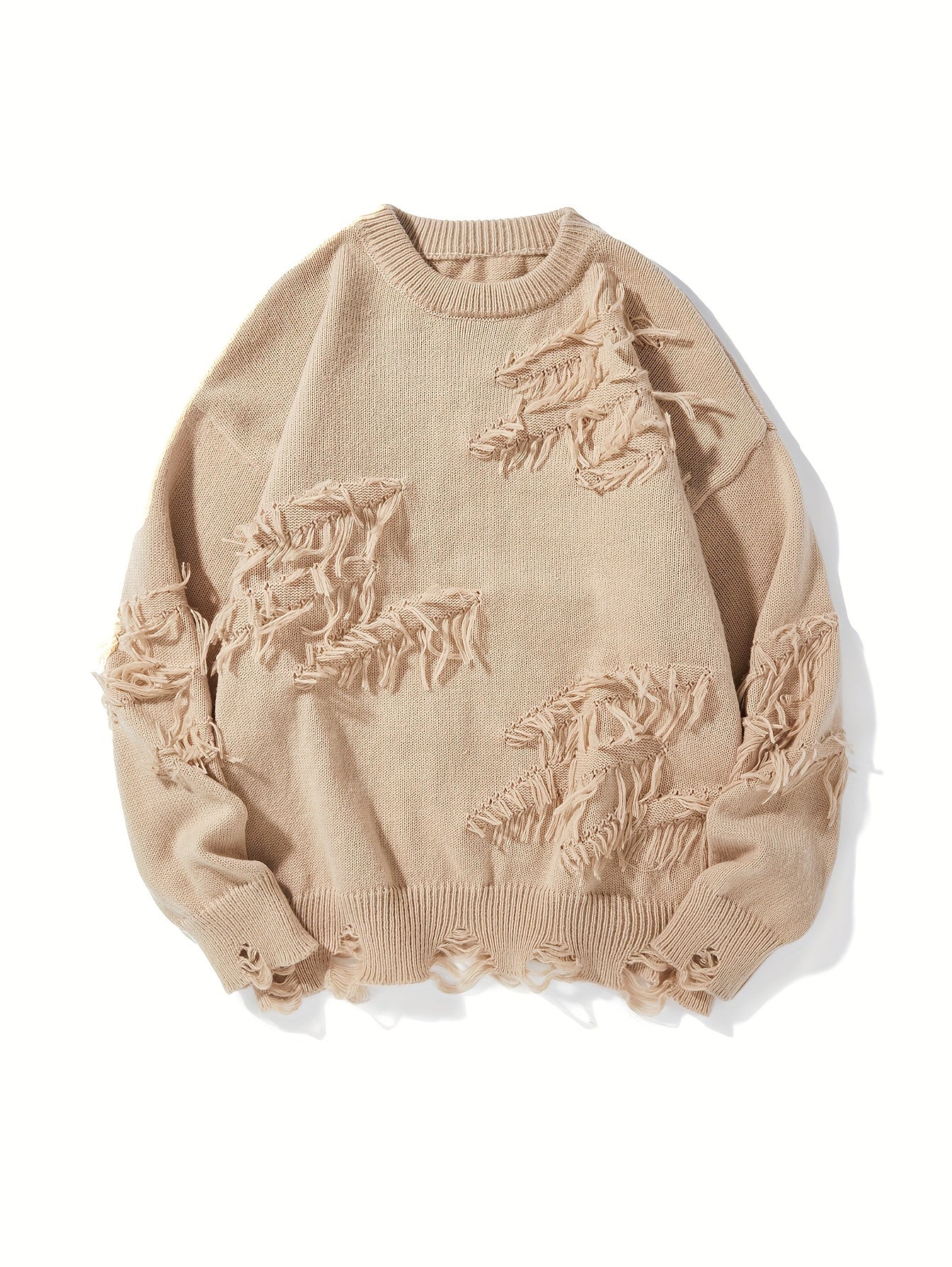 Temujin OBM Men's Distressed Knit Sweater - Casual Chic Pullover with Asymmetrical Frayed Hem, Drop Shoulder Sleeves & Round Neck, Machine Washable Solid Color Long Sleeve Shirt for Autumn/Winter, Versatile for Casual & Party
