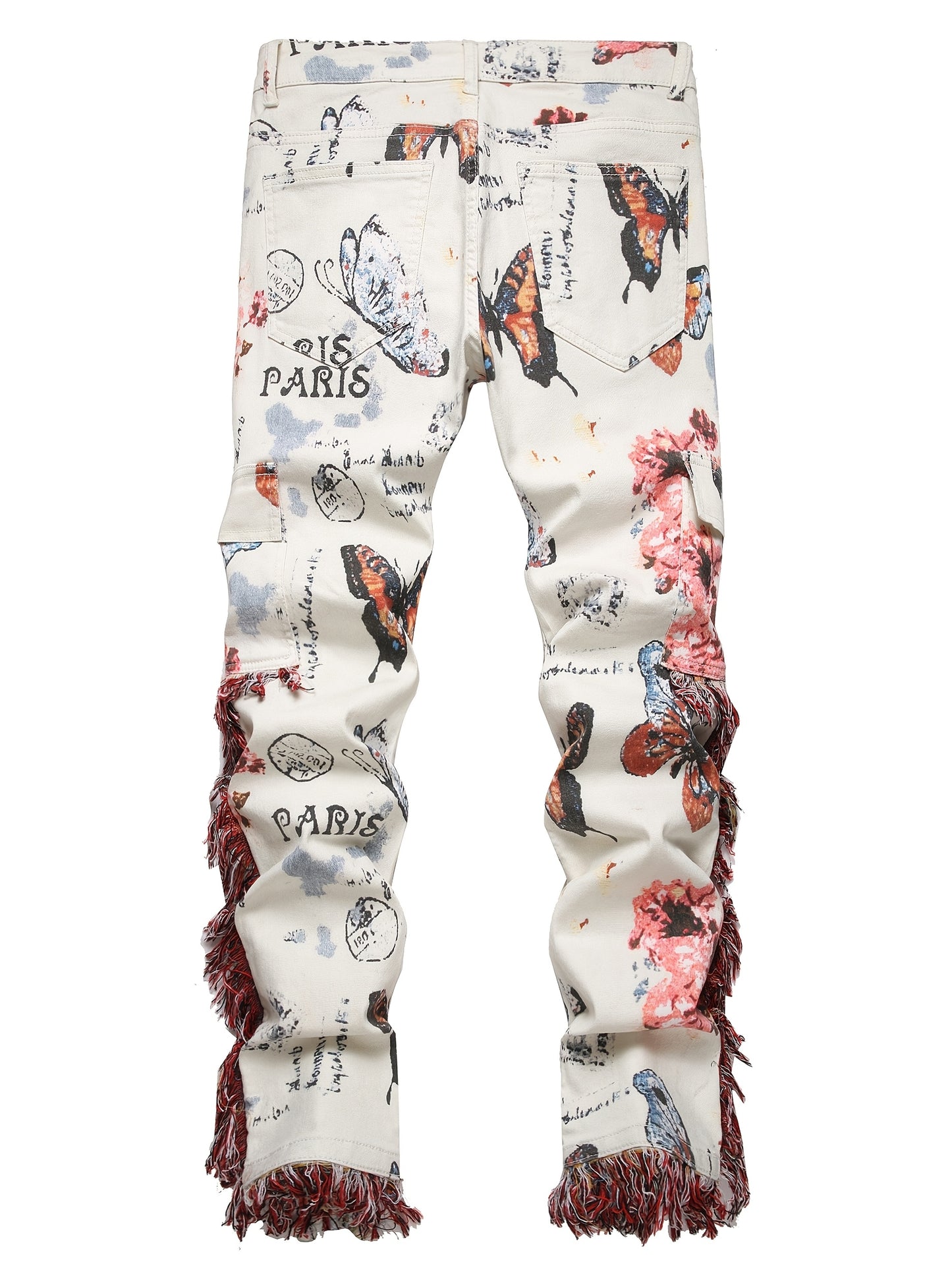 Men'S Retro Ethnic Style Hip-hop Jeans With Butterfly Print And Flowing Fringe Design, Outdoor Casual Work Pants With Random Pattern Position