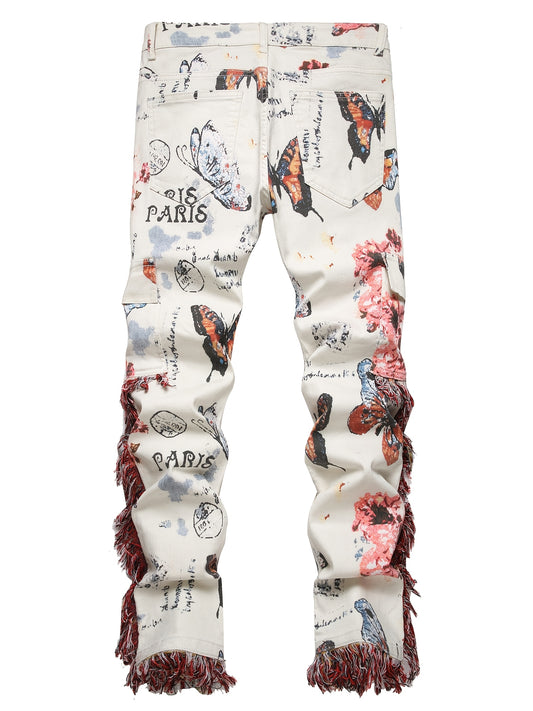 Men'S Retro Ethnic Style Hip-hop Jeans With Butterfly Print And Flowing Fringe Design, Outdoor Casual Work Pants With Random Pattern Position