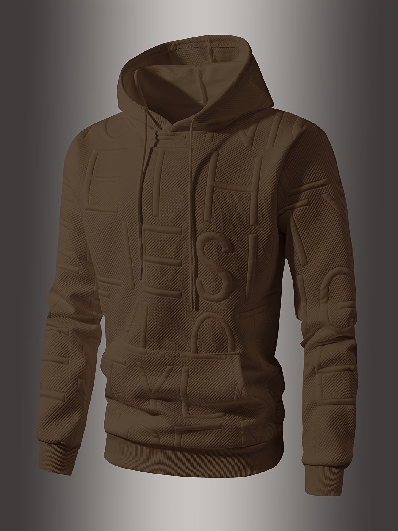 [Soft Casual Hooded Sweatshirt] Soft Polyester Blend Men's Casual Hooded Sweatshirt - Long Sleeve, Drawstring Hood with Kangaroo Pocket, Textured Letter Design, Ideal for Spring/Fall, Oversized