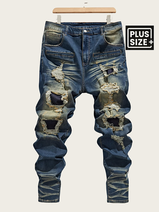 HME Men's Vintage Distressed High-Waisted Stretch Jeans - Heavy Washed Blue Denim with Perforated Patch Design, Multi-Pocket Slim Straight Leg, All-Season Comfort & YKK Zipper Closure - Plus Size Available (Machine Washable)