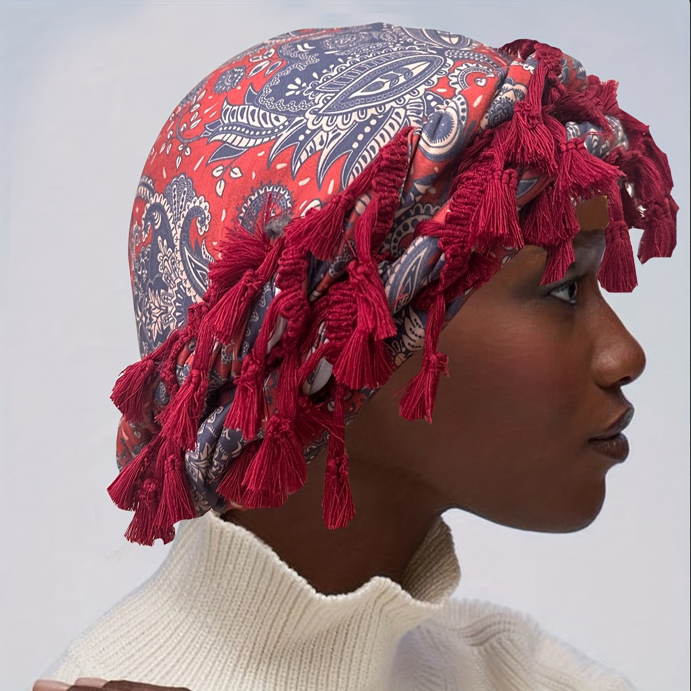 Satin-Lined Bandana Cap with Fringe Tassels