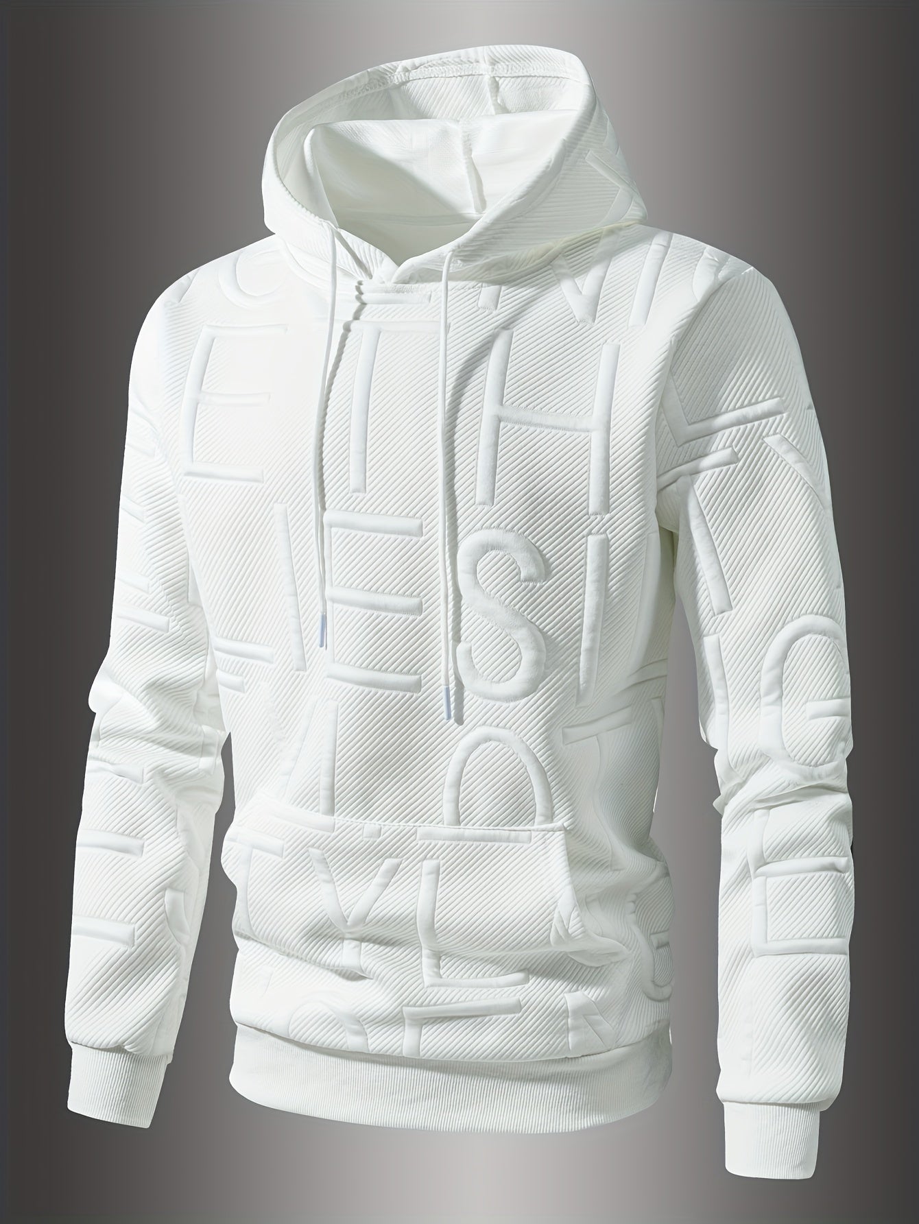 [Soft Casual Hooded Sweatshirt] Soft Polyester Blend Men's Casual Hooded Sweatshirt - Long Sleeve, Drawstring Hood with Kangaroo Pocket, Textured Letter Design, Ideal for Spring/Fall, Oversized