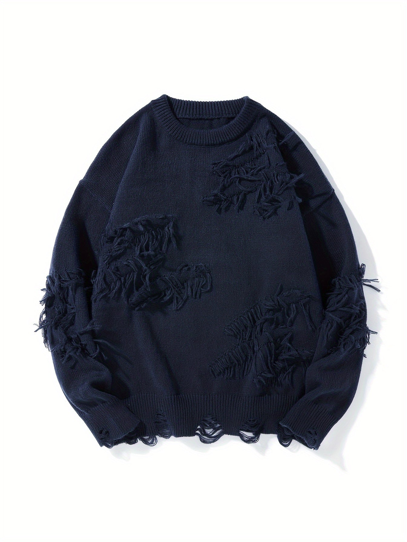 Temujin OBM Men's Distressed Knit Sweater - Casual Chic Pullover with Asymmetrical Frayed Hem, Drop Shoulder Sleeves & Round Neck, Machine Washable Solid Color Long Sleeve Shirt for Autumn/Winter, Versatile for Casual & Party