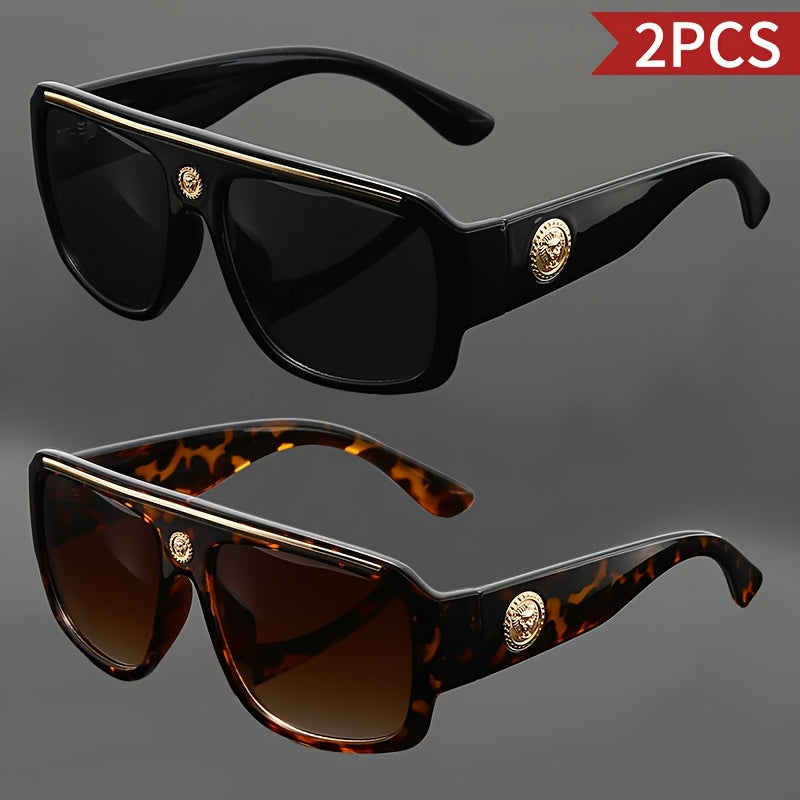 Two-piece Set of Retro Men's Square Large Frame Metal Head Decoration Glasses, Lightweight Frame, Unisex, Suitable for and Casual Wear, Ideal as a Holiday Gift
