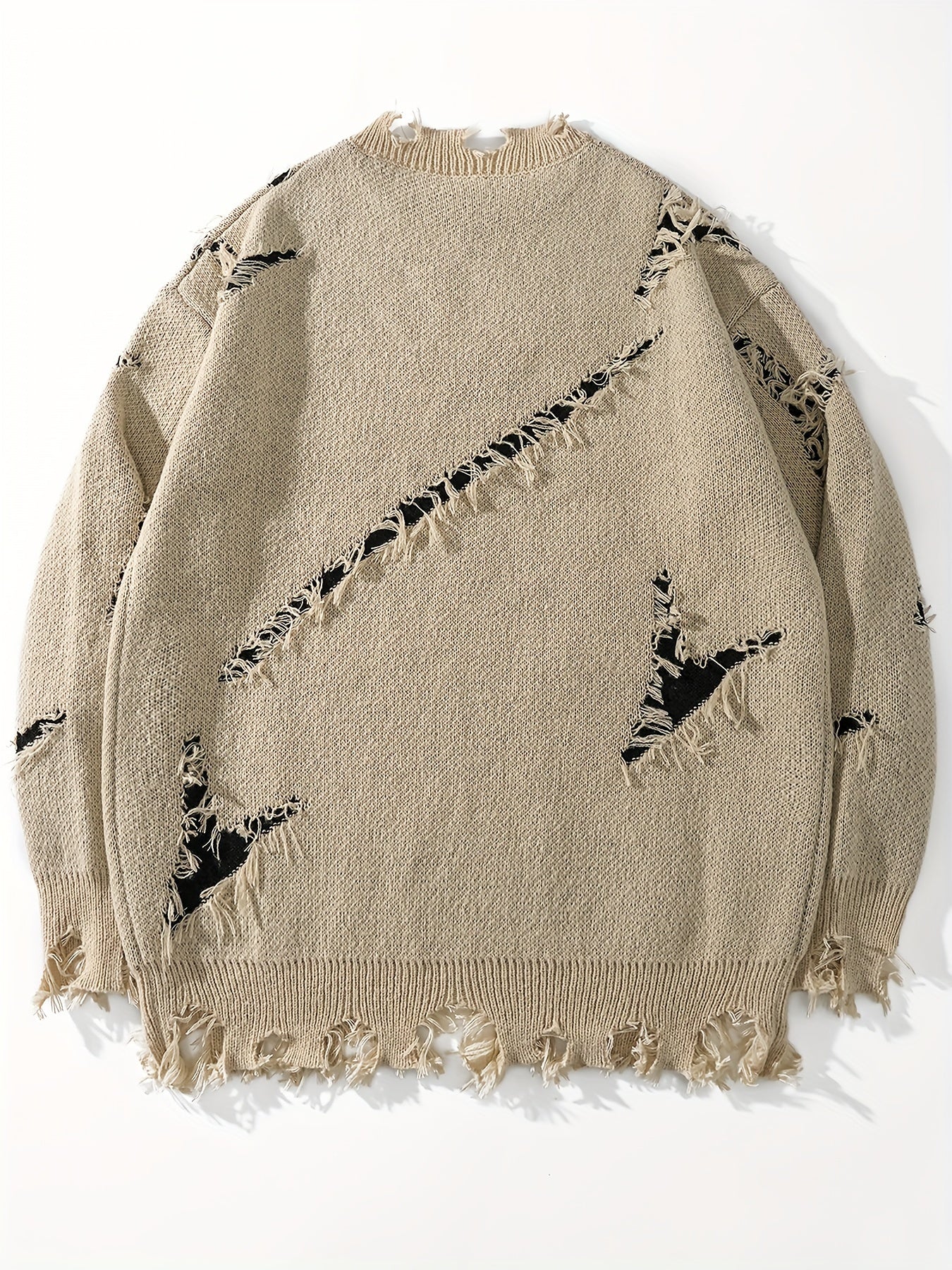 Men's Casual Streetwear Sweater - Relaxed Fit Drop Shoulder, Distressed Letter Embroidery & Ripped Details, Long Sleeve Pullover for Autumn Winter, Medium Elasticity Fabric