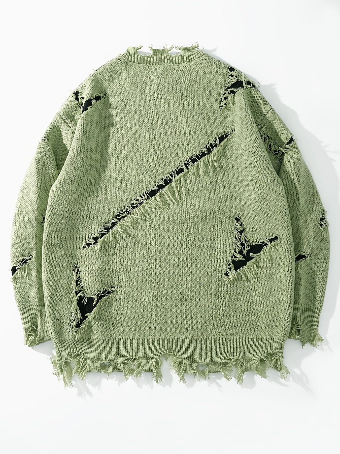 Men's Casual Streetwear Sweater - Relaxed Fit Drop Shoulder, Distressed Letter Embroidery & Ripped Details, Long Sleeve Pullover for Autumn Winter, Medium Elasticity Fabric